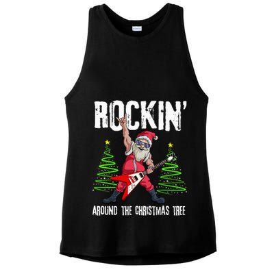 Rockin Around Christmas Tree Funny Rocker Santa Ladies PosiCharge Tri-Blend Wicking Tank