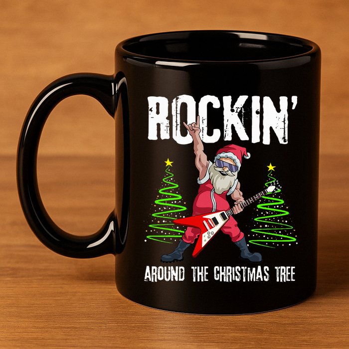 Rockin Around Christmas Tree Funny Rocker Santa 11oz C Handle Ceramic Mug