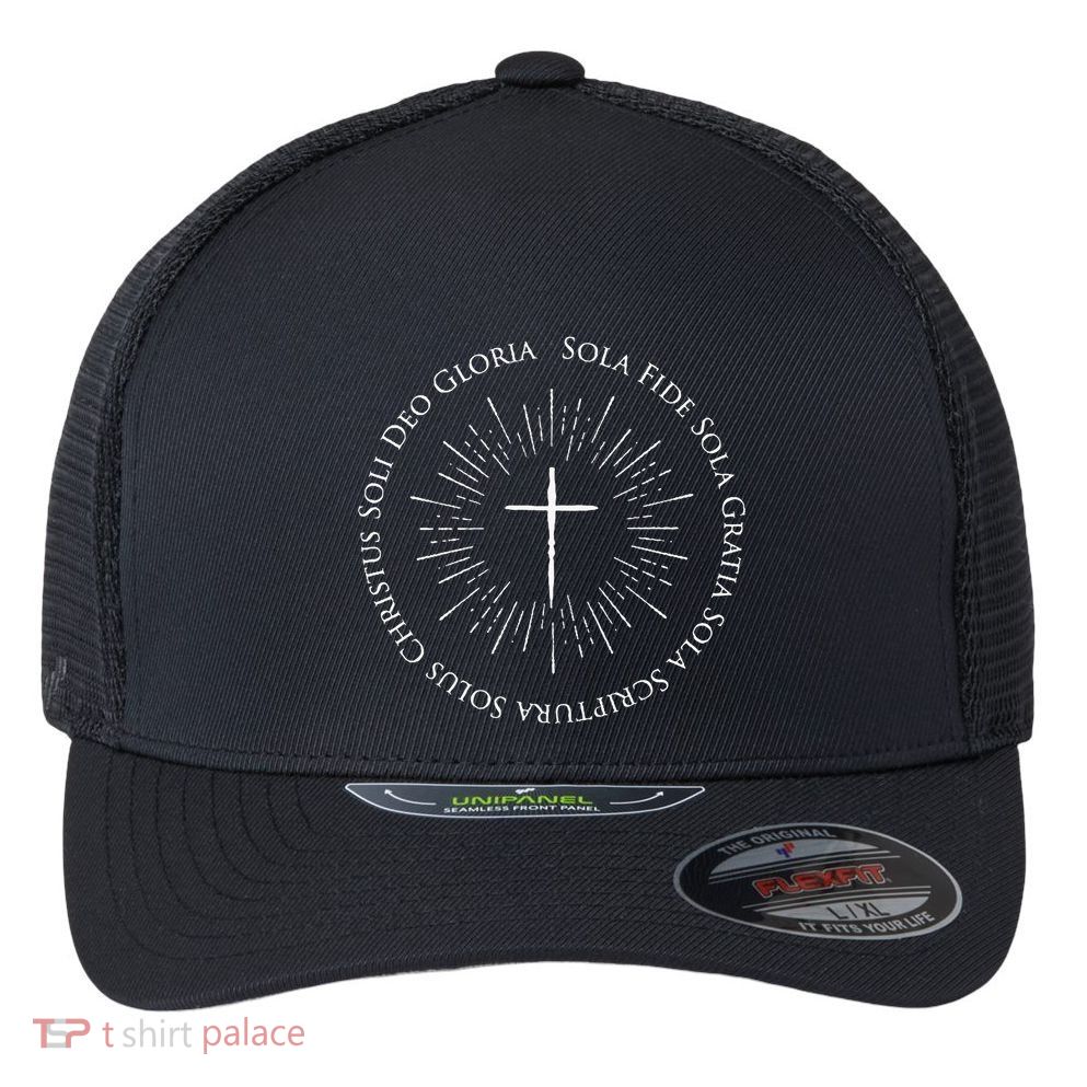 Reformation Anniversary Design With 5 Solas Cross Flexfit Unipanel Trucker Cap