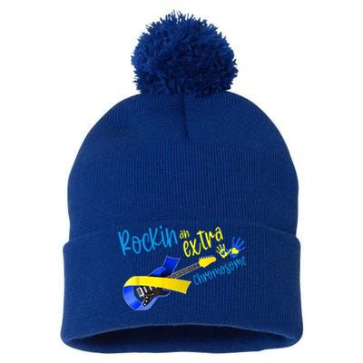 Rockin’ An Extra Chromosome Rock Guitar Down Syndrome T21 Gift Pom Pom 12in Knit Beanie