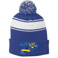 Rockin’ An Extra Chromosome Rock Guitar Down Syndrome T21 Gift Stripe Pom Pom Beanie