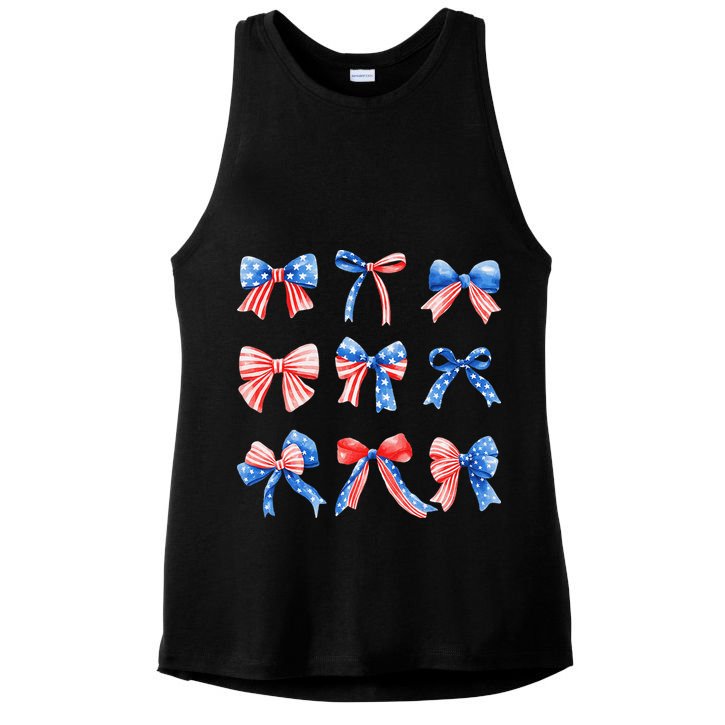 Retro American Flag Coquette Bow Patriotic 4th July Women Ladies PosiCharge Tri-Blend Wicking Tank