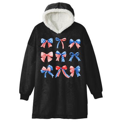 Retro American Flag Coquette Bow Patriotic 4th July Women Hooded Wearable Blanket