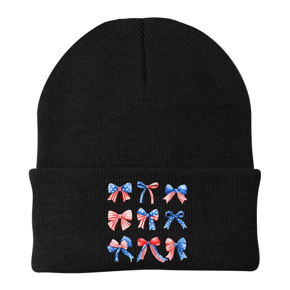 Retro American Flag Coquette Bow Patriotic 4th July Women Beanie