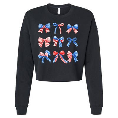 Retro American Flag Coquette Bow Patriotic 4th July Women Cropped Pullover Crew