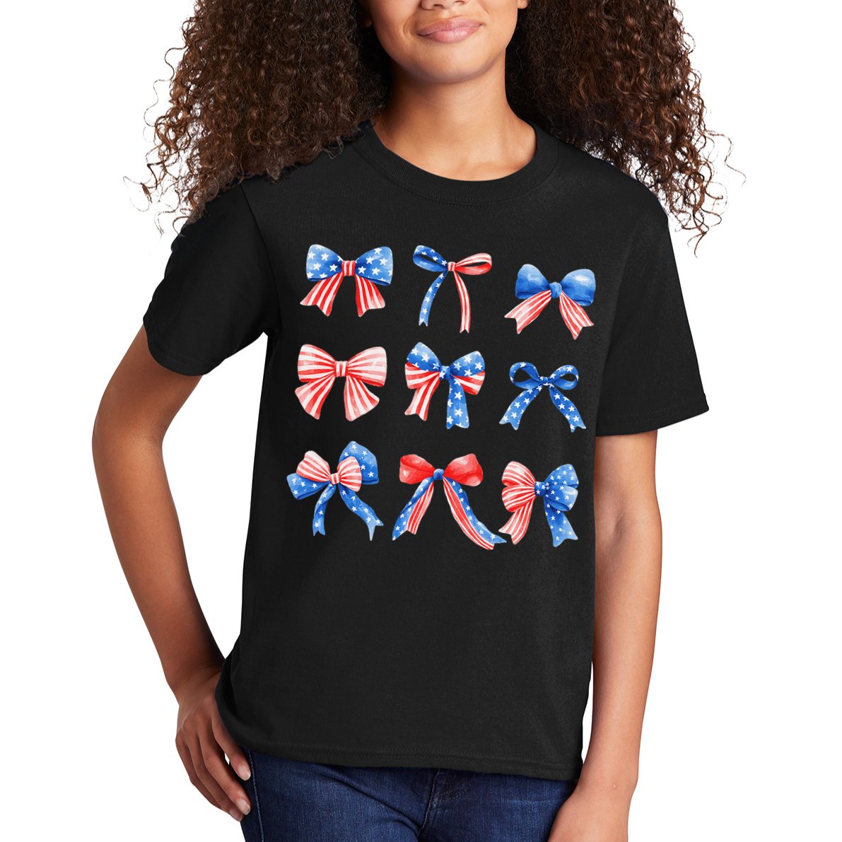 Retro American Flag Coquette Bow Patriotic 4th July Women Kids T-Shirt