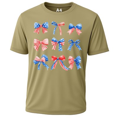 Retro American Flag Coquette Bow Patriotic 4th July Women Performance Shirt
