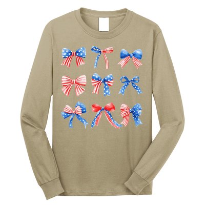 Retro American Flag Coquette Bow Patriotic 4th July Women Long Sleeve Shirt