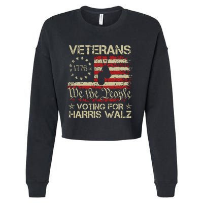 Retro America Flag Veterans Voting For Harris Walz 2024 Cropped Pullover Crew