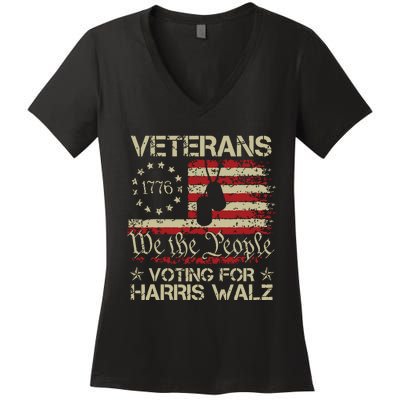 Retro America Flag Veterans Voting For Harris Walz 2024 Women's V-Neck T-Shirt