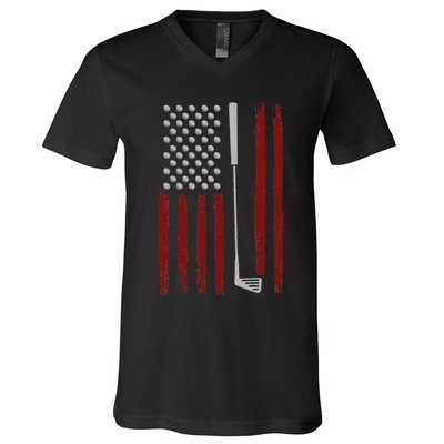 Retro American Flag Golf Gift For Golfer Funny Golf Club V-Neck T-Shirt