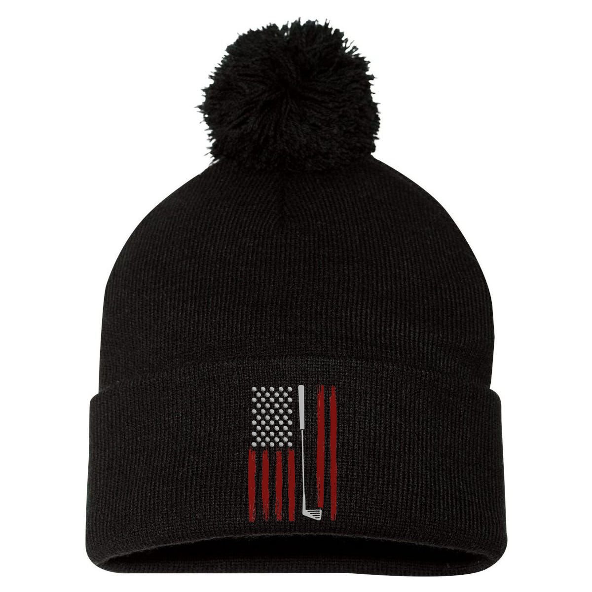 Retro American Flag Golf Gift For Golfer Funny Golf Club Pom Pom 12in Knit Beanie