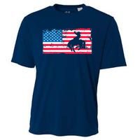 Retro American Flag Rodeo Bronc Horse Riding Cowboy Cowgirl Cooling Performance Crew T-Shirt