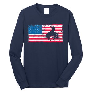 Retro American Flag Rodeo Bronc Horse Riding Cowboy Cowgirl Long Sleeve Shirt