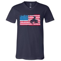 Retro American Flag Rodeo Bronc Horse Riding Cowboy Cowgirl V-Neck T-Shirt