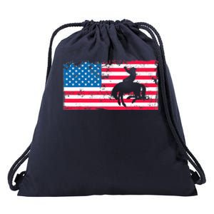 Retro American Flag Rodeo Bronc Horse Riding Cowboy Cowgirl Drawstring Bag