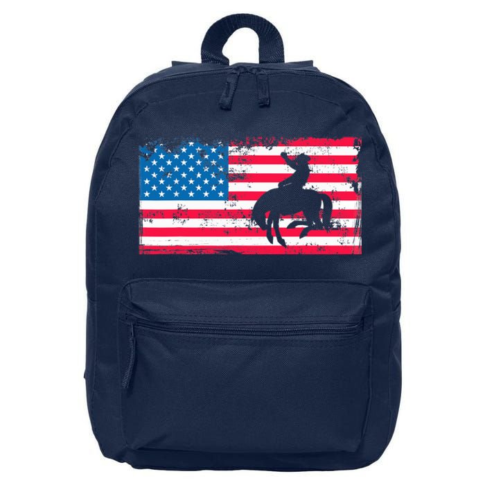 Retro American Flag Rodeo Bronc Horse Riding Cowboy Cowgirl 16 in Basic Backpack