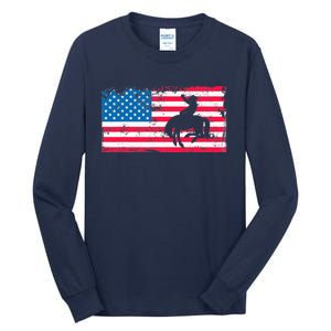 Retro American Flag Rodeo Bronc Horse Riding Cowboy Cowgirl Tall Long Sleeve T-Shirt