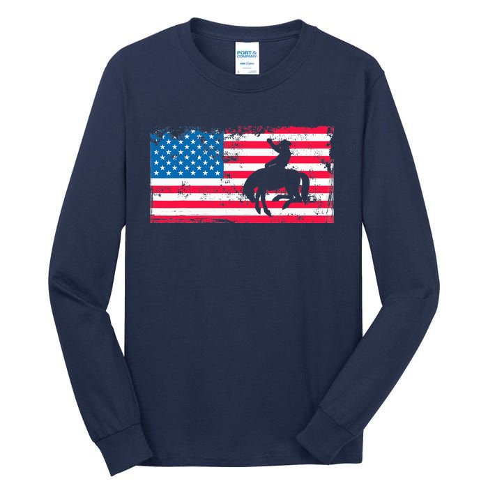 Retro American Flag Rodeo Bronc Horse Riding Cowboy Cowgirl Tall Long Sleeve T-Shirt