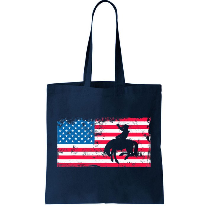 Retro American Flag Rodeo Bronc Horse Riding Cowboy Cowgirl Tote Bag