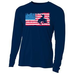 Retro American Flag Rodeo Bronc Horse Riding Cowboy Cowgirl Cooling Performance Long Sleeve Crew