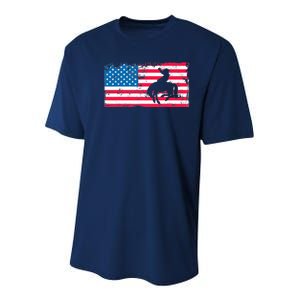 Retro American Flag Rodeo Bronc Horse Riding Cowboy Cowgirl Youth Performance Sprint T-Shirt