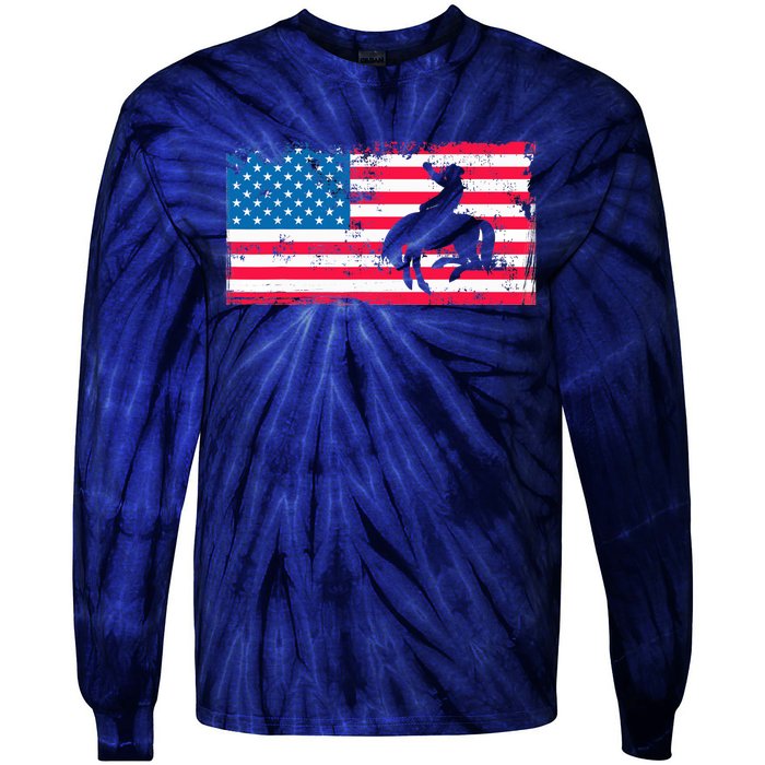 Retro American Flag Rodeo Bronc Horse Riding Cowboy Cowgirl Tie-Dye Long Sleeve Shirt