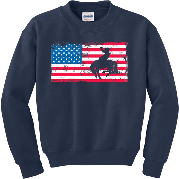 Retro American Flag Rodeo Bronc Horse Riding Cowboy Cowgirl Kids Sweatshirt