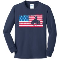 Retro American Flag Rodeo Bronc Horse Riding Cowboy Cowgirl Kids Long Sleeve Shirt