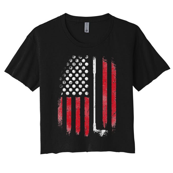 Retro American Flag Golf Gift for Golfer Funny Golf Club Women's Crop Top Tee