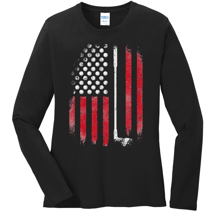 Retro American Flag Golf Gift for Golfer Funny Golf Club Ladies Long Sleeve Shirt