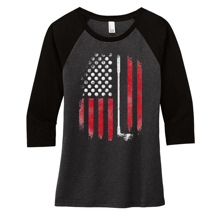 Retro American Flag Golf Gift for Golfer Funny Golf Club Women's Tri-Blend 3/4-Sleeve Raglan Shirt