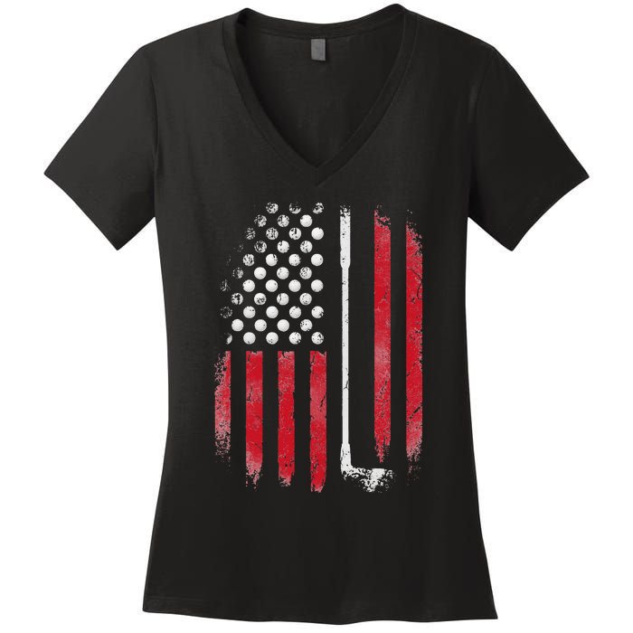 Retro American Flag Golf Gift for Golfer Funny Golf Club Women's V-Neck T-Shirt