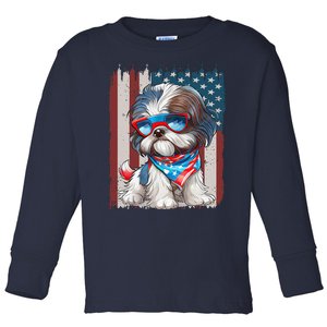 Retro American Flag Shih Tzu Dad Mom 4th Of July Toddler Long Sleeve Shirt