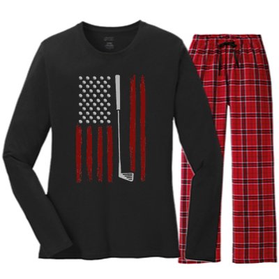 Retro American Flag Golf Gift For Golfer Women's Long Sleeve Flannel Pajama Set 