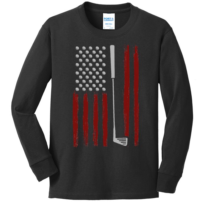 Retro American Flag Golf Gift For Golfer Kids Long Sleeve Shirt