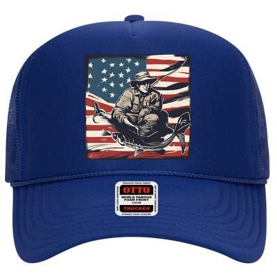 Retro American Flag Funny Fishing Rod Design Great Gift High Crown Mesh Back Trucker Hat