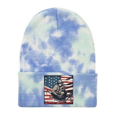 Retro American Flag Funny Fishing Rod Design Great Gift Tie Dye 12in Knit Beanie