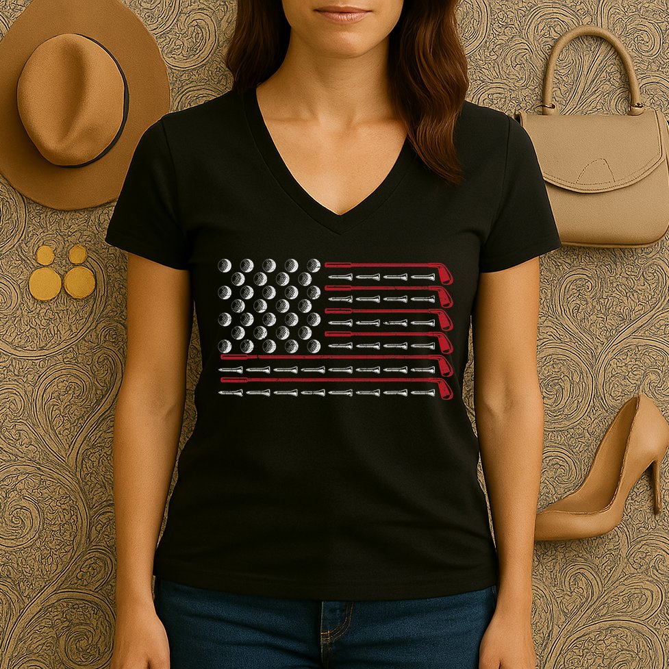 Retro American Flag Golf Gift for Golfer Funny Golf Club Women's V-Neck T-Shirt
