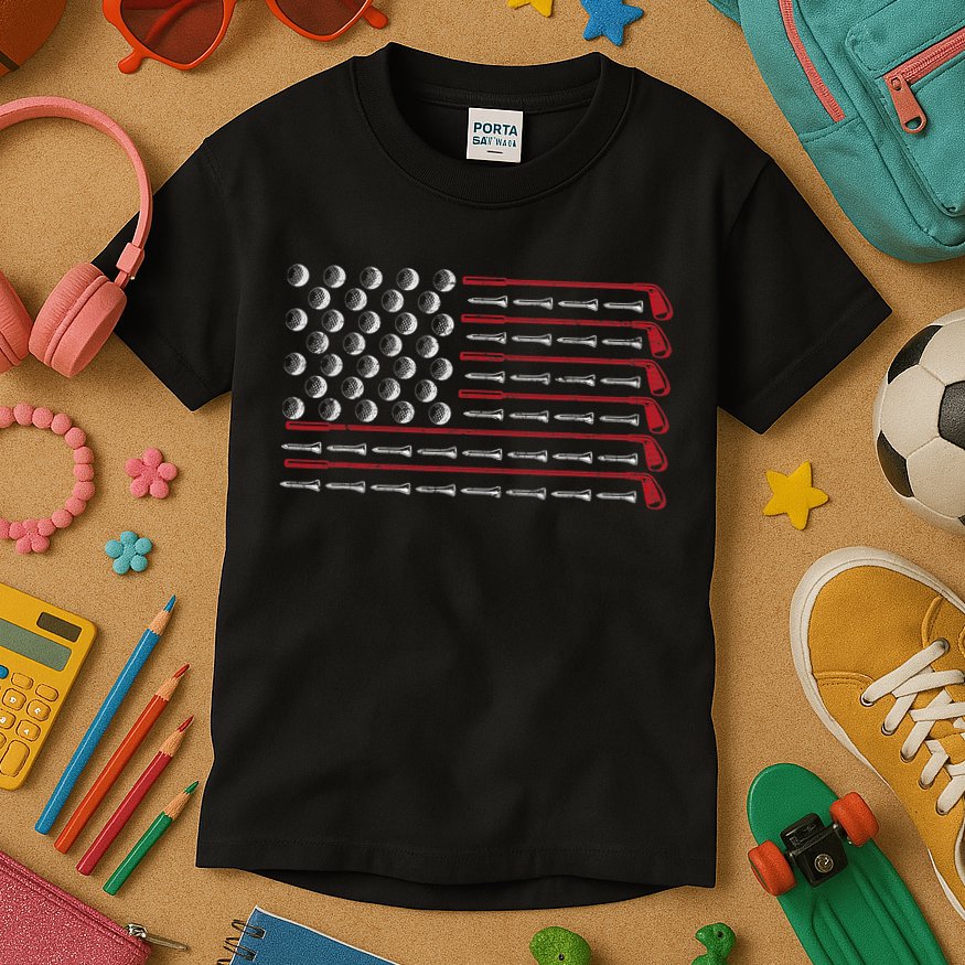 Retro American Flag Golf Gift for Golfer Funny Golf Club Kids T-Shirt