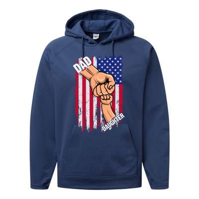 Retro American Flag Dad Daughter Fist Bump Fathers Days Gift Performance Fleece Hoodie