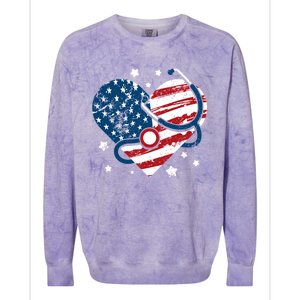 Retro American Flag Heart Nurse 4th Of July Nursing Mama Mom Gift Colorblast Crewneck Sweatshirt