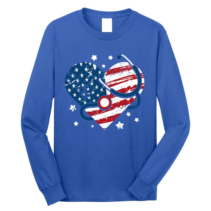 Retro American Flag Heart Nurse 4th Of July Nursing Mama Mom Gift Long Sleeve Shirt