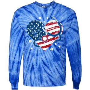 Retro American Flag Heart Nurse 4th Of July Nursing Mama Mom Gift Tie-Dye Long Sleeve Shirt