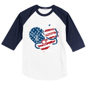 Retro American Flag Heart Nurse 4th Of July Nursing Mama Mom Gift Baseball Sleeve Shirt