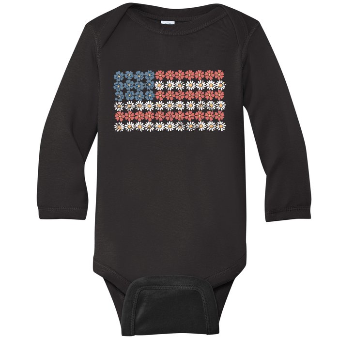 Retro American Flag 4th Of July Baby Long Sleeve Bodysuit