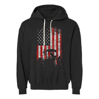 Retro American Flag Tractor Gift  Tractor Farm  Garment-Dyed Fleece Hoodie