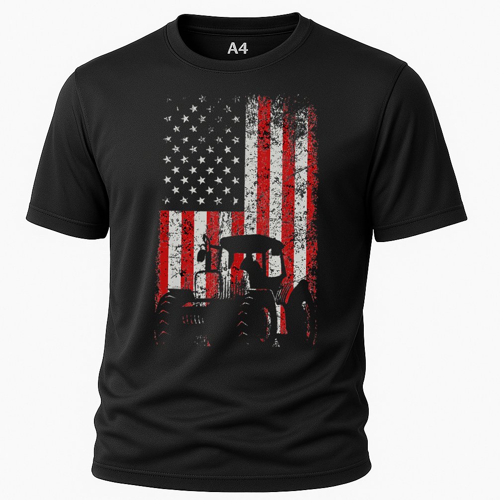 Retro American Flag Tractor Gift  Tractor Farm  Cooling Performance Crew T-Shirt