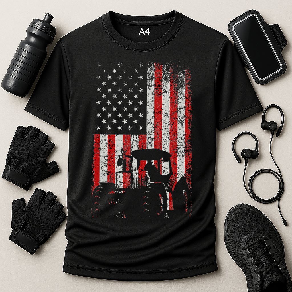 Retro American Flag Tractor Gift  Tractor Farm  Cooling Performance Crew T-Shirt