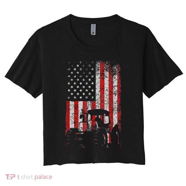Retro American Flag Tractor Gift  Tractor Farm  Crop Top